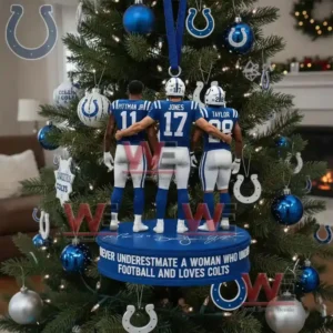 Alt text: An Indianapolis Colts ornament with players Pittman Jr., Jones, and Taylor and a quote about women who love football and the Colts.