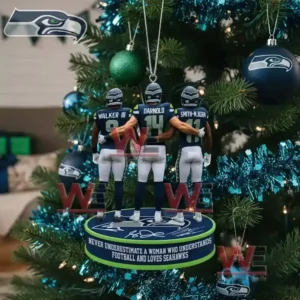 Never Underestimate a Woman Who Loves Football and the Seattle Seahawks Ornament 4 Alt text: A Seattle Seahawks ornament featuring players Walker III, Darnold, and Smith-Njigba with a quote about women who love football and the Seahawks.