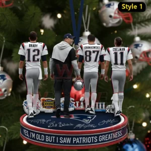 A Christmas ornament featuring Patriots legends arranged on a decorated stand with holiday tree ornaments behind them!