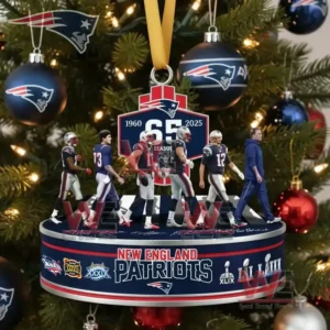 New England Patriots 65 Season 1960-2025 Ornament 3 Alt text: A New England Patriots 65th season ornament showing key figures such as Tom Brady and Bill Belichick, celebrating the team's history.