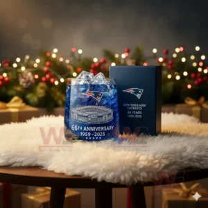 Alt text: A New England Patriots 66th Anniversary whiskey glass with ice and a gift box, surrounded by Christmas decorations.