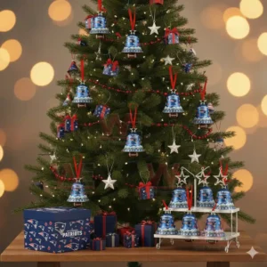 Alt text: A Christmas tree with New England Patriots bell ornaments and gifts, featuring a holiday-themed setting.