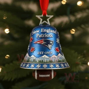 New England Patriots Christmas Bell Ornament 3 Alt text: A close-up of a New England Patriots Christmas bell ornament with the team's logo and a football design.