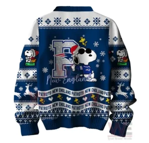New England Patriots Premium NFL Peanuts Snoopy Ugly Sweater 5 Alt text: Back design of New England Patriots Christmas sweater with Snoopy in sunglasses and the Patriots logo.