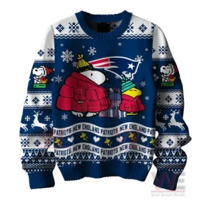 New England Patriots Premium NFL Peanuts Snoopy Ugly Sweater 6 Description: The sweater shows Snoopy wearing a red jacket and holding a gift, with the New England Patriots logo prominently displayed below.