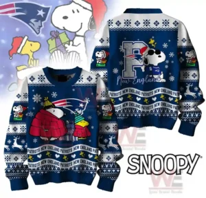 New England Patriots Premium NFL Peanuts Snoopy Ugly Sweater 7 A full design view of the New England Patriots Snoopy Christmas sweater, featuring Snoopy and the Patriots logo.