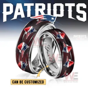 Two polished rings with patriots symbols in festive hats shown in front of a large team logo background!