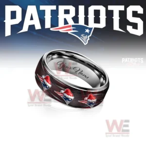 New England Patriots x Christmas Silver Tungsten Rings 8 A dark ring decorated with patriots icons shown in front of a bold team emblem background!