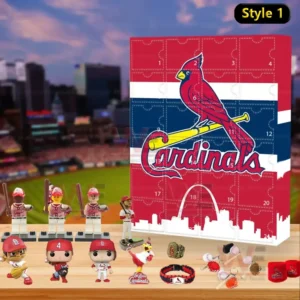 Advent calendar style one themed around St Louis Cardinals with figures and team accessories.