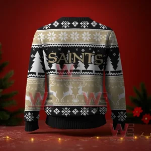 Black and gold Saints Christmas sweater with snowflakes trees and reindeer on a red festive background.