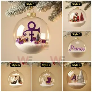 Prince themed Christmas ornaments with snow and miniature holiday scenes in clear glass balls!