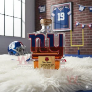 A logo shaped bottle filled with amber liquor sits on a white rug with a football helmet and framed jersey in the background of a themed sports room!