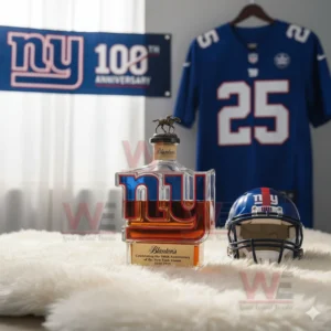 A logo molded bottle filled with amber liquor stands on a white rug with a jersey and helmet in the background!