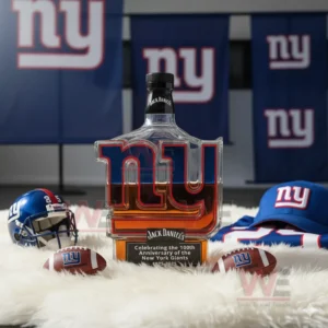 A clear logo shaped bottle stands on a white rug with footballs helmets and team banners in the background!