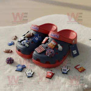 New York Giants Crocs with themed charms on a white furry background!