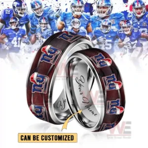 Two polished rings with giants symbols in festive hats shown in front of a large team graphic background!