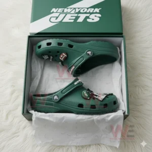 Green Jets clogs inside a green Jets box with tissue paper!