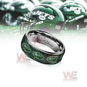 New York Jets x Christmas Silver Tungsten Rings 8 A green ring decorated with jets icons shown in front of a bold team helmet background!