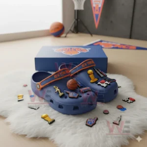 New York Knicks-themed Crocs decorated with basketball-related charms.