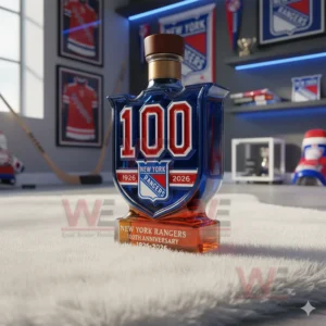 A blue one hundred year New York Rangers bottle with a wooden cap sits on a rug among team decor!