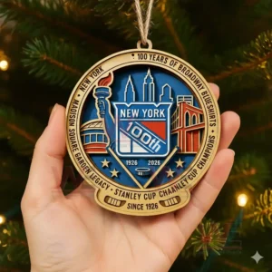 Close up of a hand holding a wooden New York Rangers 100th anniversary ornament decorated with hockey and city symbols near a Christmas tree.