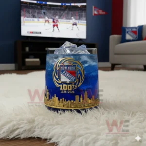 Blue New York Rangers drink glass on white rug with hockey game on television!