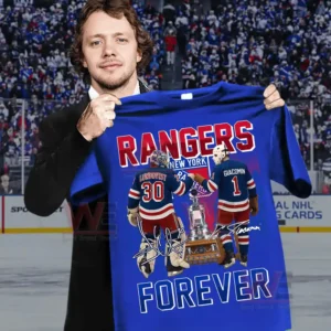 Blue tshirt displaying two hockey goalies and a central trophy with prominent team and fan tribute text!