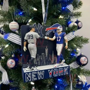A Christmas ornament featuring two New York sports figures fist bumping on a themed stand with holiday decorations in the background!