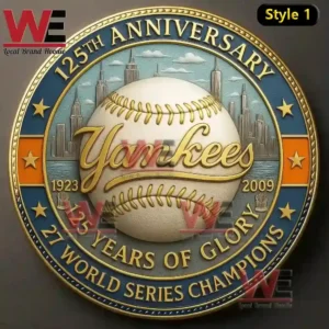 Colorful coin with baseball Yankee lettering and skyline elements marking the one hundred twenty fifth anniversary!