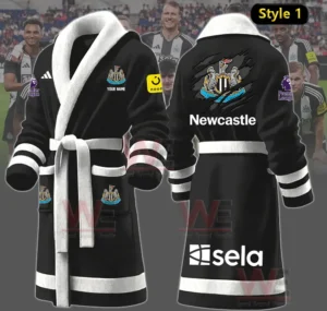 A front and back view of a black Newcastle themed robe with white trim club emblems and sponsor graphics!