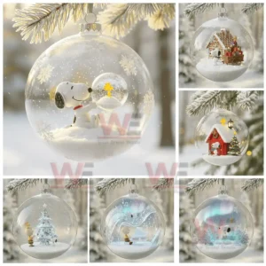 Alt text: A collection of Christmas ornaments with Snoopy and holiday scenes inside glass baubles.