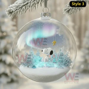 Alt text: Snoopy under the Northern Lights in a winter-themed Christmas ornament.