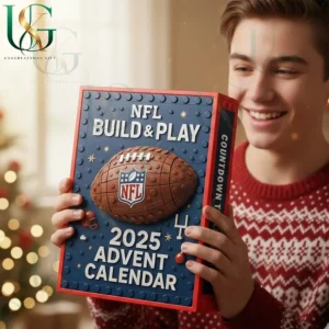 NFL All Team Football Ball Advent Calendars 5 Person holding NFL Build and Play 2025 Advent Calendar in a warm Christmas environment.