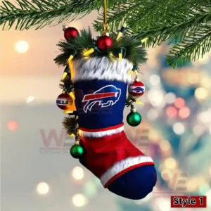 Buffalo Bills Christmas stocking ornament with team logo and festive decorations hanging on a tree branch.