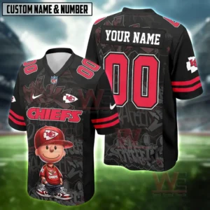Kansas City Chiefs football jersey with cartoon character and customizable name and number.