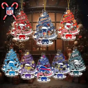 NFL team Christmas tree ornaments with customizable name section displayed in a festive holiday setting.