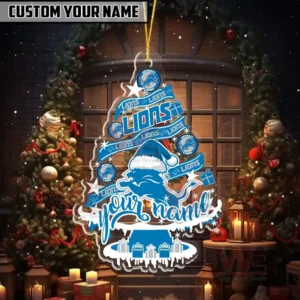 NFL Christmas Tree Football Ornament 10 Detroit Lions Christmas ornament in blue with customizable name displayed in a festive background.