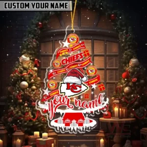 NFL Christmas Tree Football Ornament 12 Kansas City Chiefs Christmas ornament in red and white with space for customizable name.