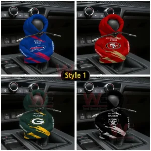 NFL gear shift hoodie covers featuring Bills, 49ers, Packers, and Raiders team designs.