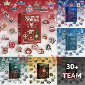 An assortment of NFL Advent Calendars 2025 featuring several football teams each with their own colors and emblems arranged on a festive snowy background!