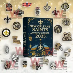 NFL Football Team Advent Calendar 2025 54 A New Orleans Saints Advent Calendar 2025 featuring team emblems ornaments and football themed decorations in gold and black colors!