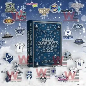 NFL Football Team Advent Calendar 2025 53 A Dallas Cowboys Advent Calendar 2025 showing team history logos and ornaments in blue and silver with snowflakes and Christmas designs!