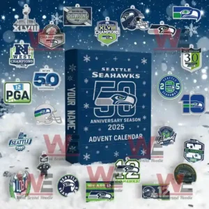 NFL Football Team Advent Calendar 2025 52 A Seattle Seahawks Advent Calendar 2025 featuring team logos and anniversary ornaments in blue green and silver tones on a festive snow background!