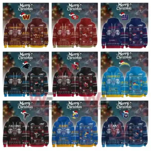 A grid of NFL Christmas hoodies with Star Wars themed designs and holiday graphics!