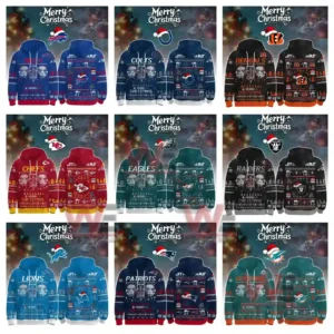 A collage of nine NFL team Christmas hoodies with Star Wars holiday designs!