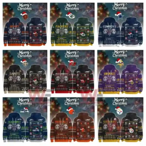 A display of nine NFL Christmas hoodies decorated with Star Wars themed holiday patterns!