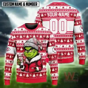 NFL Football Team Cool Grinch Coffee Ugly Christmas Sweater 10 Alt text: A custom Kansas City Chiefs Grinch sweater with a personalized name and number, featuring the Grinch holding a coffee cup.