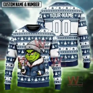 NFL Football Team Cool Grinch Coffee Ugly Christmas Sweater 11 Alt text: A custom Dallas Cowboys Grinch sweater with a personalized name and number, featuring the Grinch holding a coffee cup.