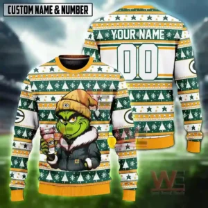 NFL Football Team Cool Grinch Coffee Ugly Christmas Sweater 12 Alt text: A custom Green Bay Packers Grinch sweater with a personalized name and number, featuring the Grinch holding a coffee cup.