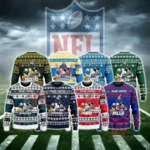 Alt text: A collection of NFL team-themed Christmas sweaters with Disney characters, featuring customizable name and number options.